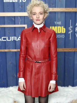 Julia Garner Red Leather Coat (back)