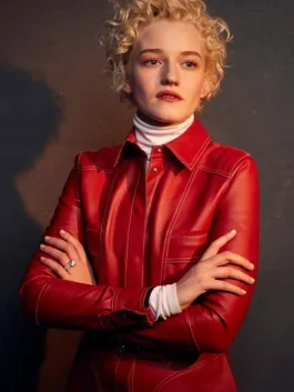 Julia Garner Red Leather Coat (front pose)