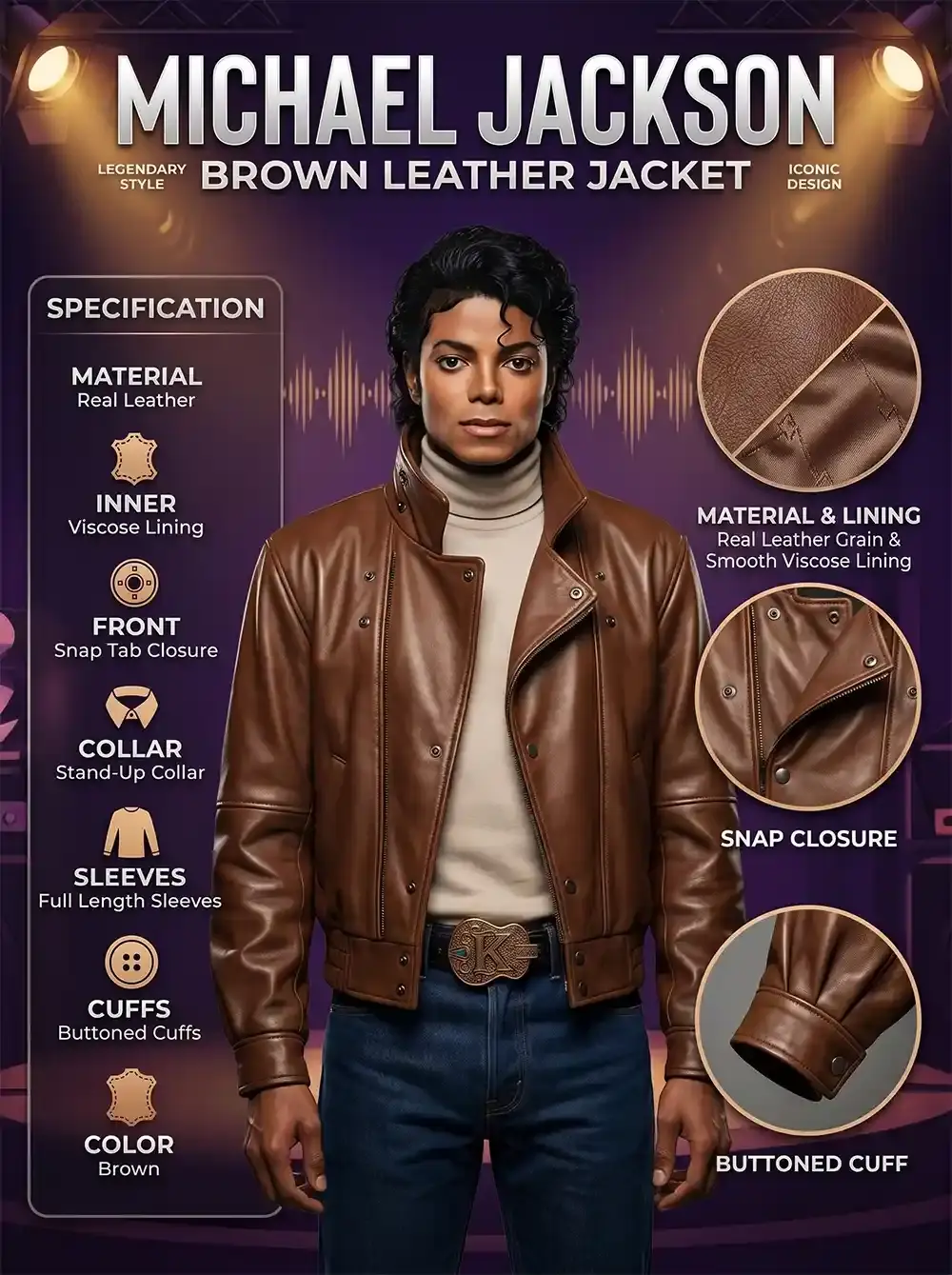 An infographic detailing a premium brown leather jacket featuring a stand-up collar, front snap tab closures, buttoned cuffs, a smooth viscose lining, and full-length sleeves.