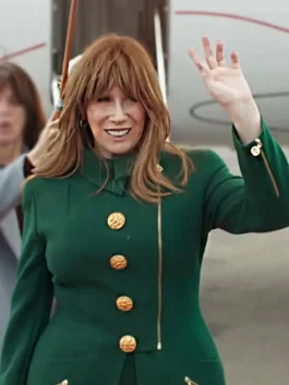 Queen Of Oz 2023 Catherine Tate Green Coat front pose