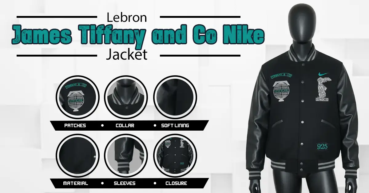 Detailed technical chart for a black luxury varsity layer with premium hardware and fabric specs.