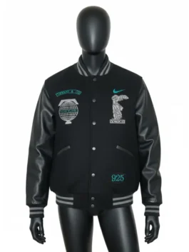 Front view of the exclusive black varsity Tiffany and Co jacket on a mannequin. Features the 