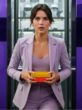 Women's lilac purple formal blazer featuring a sharp lapel collar and structured shoulders as seen in the 2023 superhero film.
