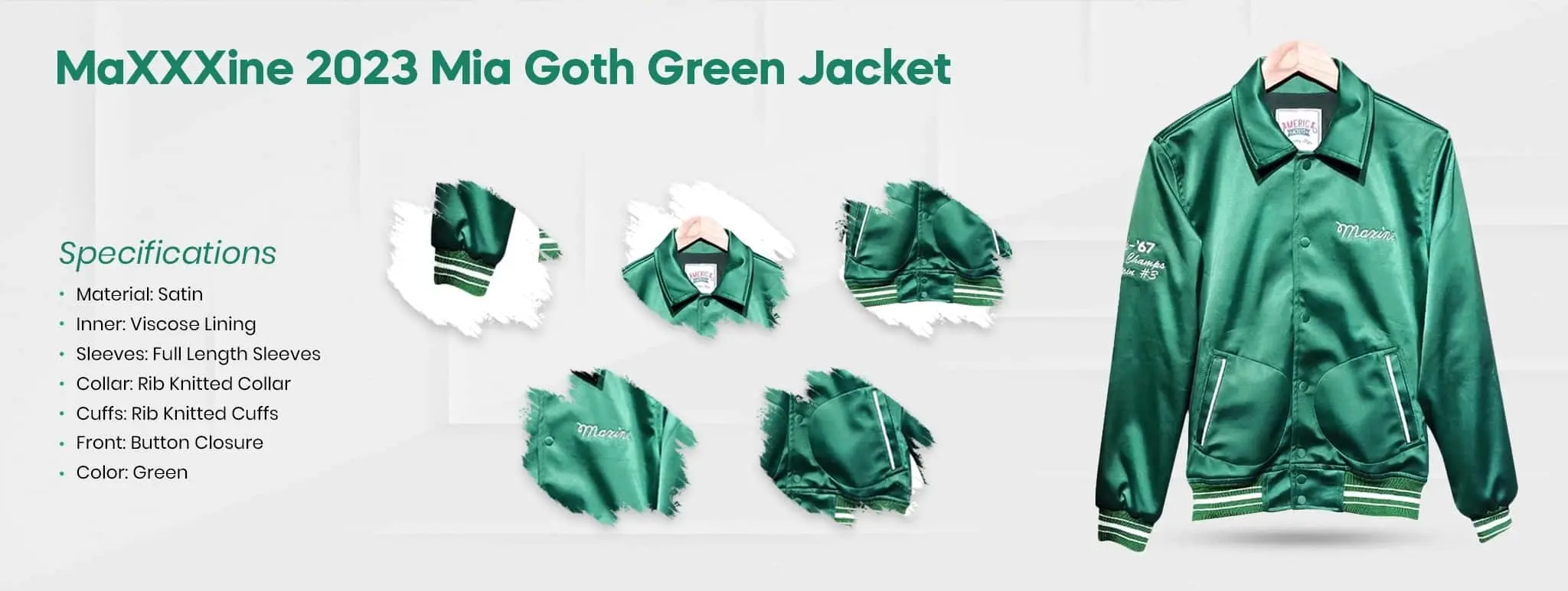Emerald green satin varsity jacket with white striped rib-knitted cuffs and collar, inspired by Mia Goth's character in the 2023 horror film.