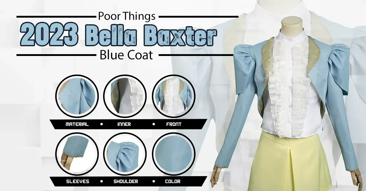 Product infographic for the Poor Things 2023 Bella Baxter Blue Coat featuring detailed close-up circles for design specifications.