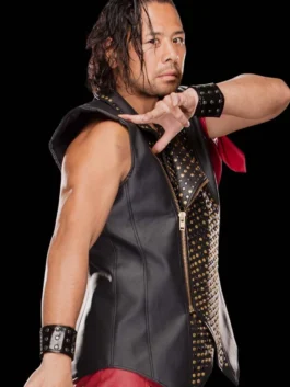 Shinsuke Nakamura black leather vest featuring gold studs and asymmetric zipper for professional wrestling fans.