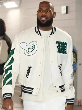 Premium wool and leather-style varsity jacket with a neutral cream base and bold green graphic accents.
