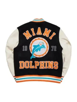 Classic letterman jacket featuring embroidered sleeve patches and ribbed striped collar.