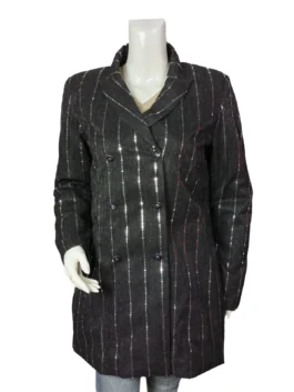 Front view of a long-line sequin blazer with a secure button-front closure and smooth inner lining.