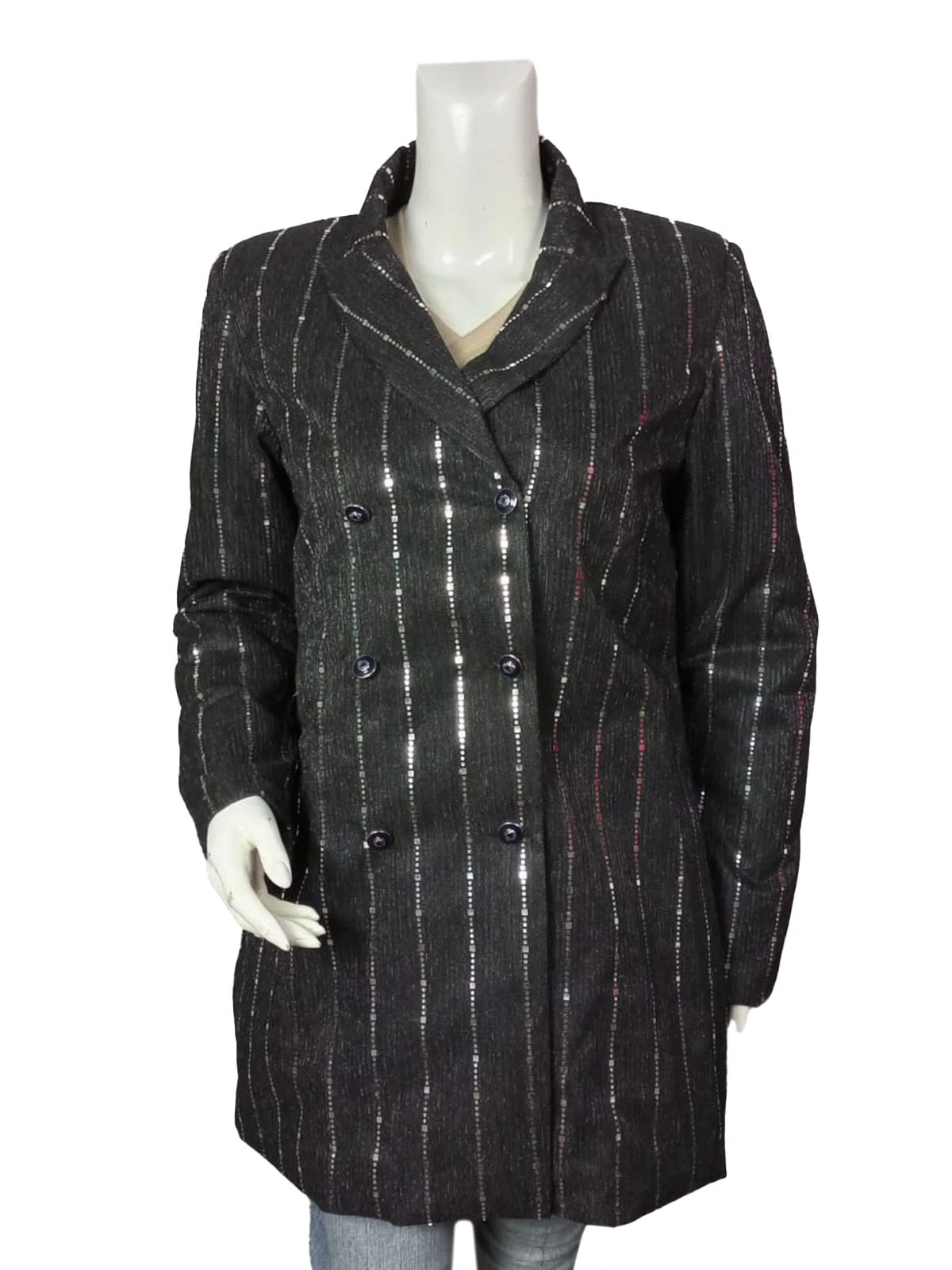 Front view of a long-line sequin blazer with a secure button-front closure and smooth inner lining.