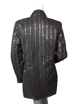 Women’s double-breasted sequin blazer featuring a sophisticated lapel collar and shimmering vertical stripes.