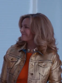 Glamorous 2023 Kim Cattrall Golden Jacket side pose