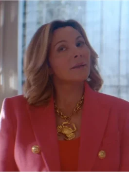 Glamorous 2023 Kim Cattrall Pink Blazer Coat front