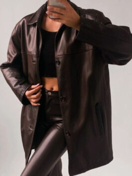 Women's Classic Oversize Brown Leather Coat