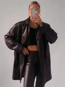 Women's Classic Oversize Brown Leather Coat