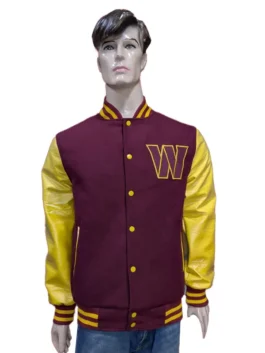 The back view of a Washington Commanders varsity jacket featuring a large circular team logo and contrasting sleeves.