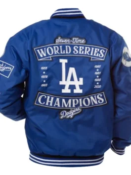 Rear view of the Dodgers 2020 World Series champions apparel jacket. The back prominently displays 