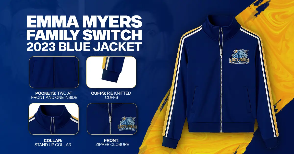 Family Switch Emma Myers Jacket in blue featuring a stand-up collar, zipper closure, rib-knitted cuffs, and a Lucy Jones High School logo.