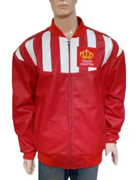 Front view of the LL Cool J Troop Leather Jacket featuring vertical chest stripes and a crown logo patch.