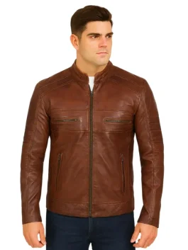 Mens Brown Distressed Leather Biker Jacket