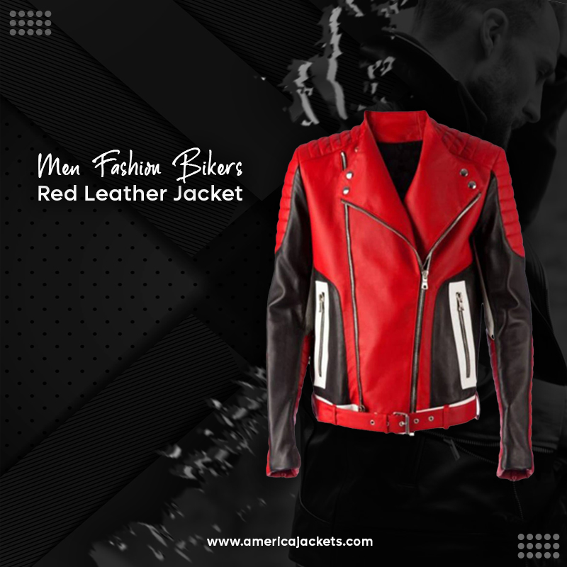 Men Fashion Bikers Red Leather Jacket
