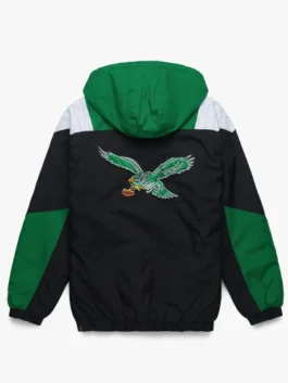 Detailed back of this eagles starter pullover jacket showing the iconic soaring eagle embroidery and vintage sports aesthetic in midnight green.