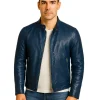 Mens Blue Leather Biker Jacket