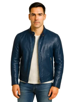 Mens Blue Leather Biker Jacket