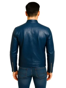 Mens Blue Leather Biker Jacket (Back)