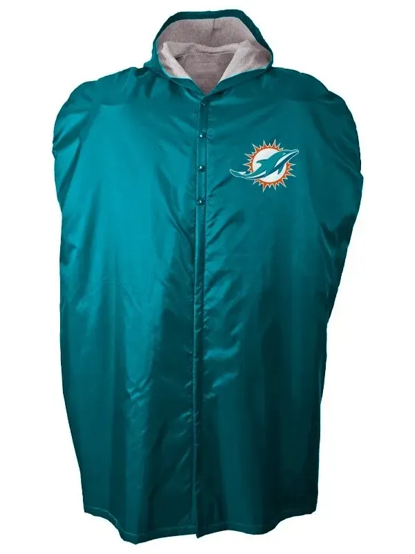 Miami Dolphins NFL football sideline cape coat for players, insulated for cold weather game day.