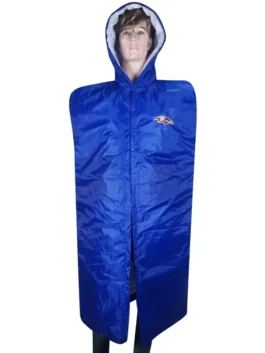 Baltimore Ravens NFL Sideline Cape Coat, blue waterproof coat for players on the sideline bench.