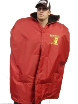 Men's NFL Sideline Cape Coat, red football cloak, insulated cold weather sideline gear for fans.