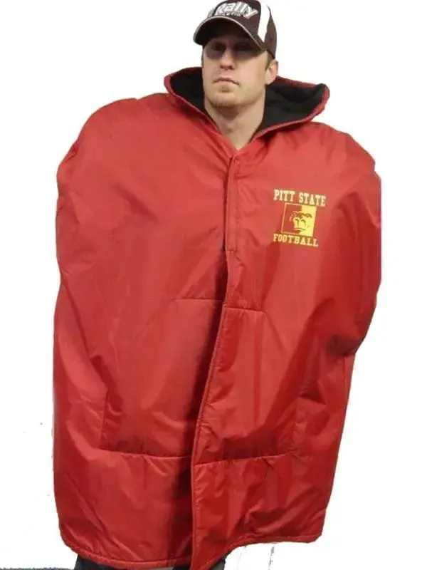 Men's NFL Sideline Cape Coat, red football cloak, insulated cold weather sideline gear for fans.