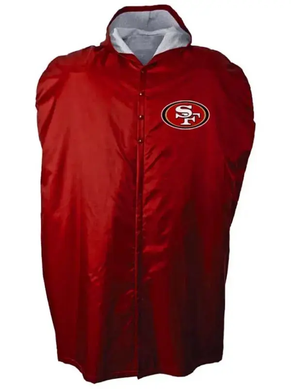 San Francisco 49ers NFL Sideline Cape Coat, red rain cape jacket for wet game day protection.