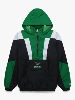 This starter eagles pullover jacket features a hooded design with white shoulder accents and the official team wordmark on the front storage flap.