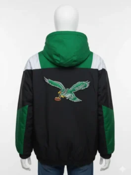Back view of a black and green eagles jacket on a manniquine starter featuring a large embroidered throwback logo on a premium heavy nylon windbreaker shell.