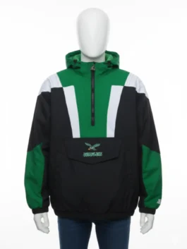 Front view of a mens eagles starter jacket on a white manniquine with a half-zip pullover design, functional front pouch, and classic Philadelphia green color blocking.