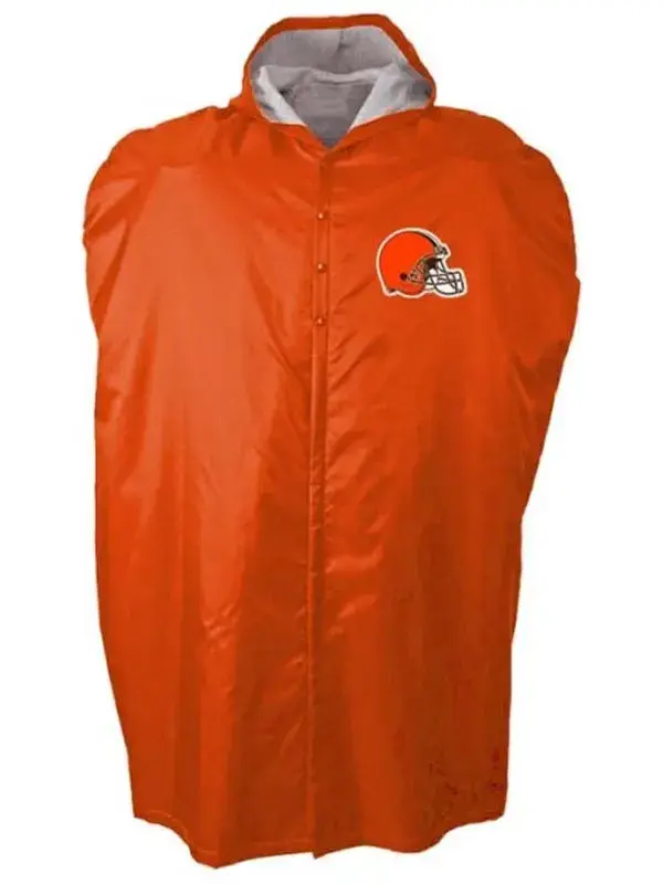 mens NFL Cleveland Browns sideline cape coat, orange football parka for cold weather protection.
