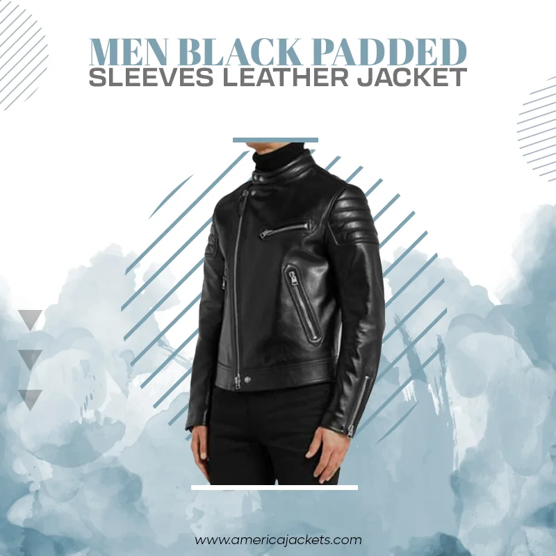 Men Black Padded Sleeves Leather Jacket