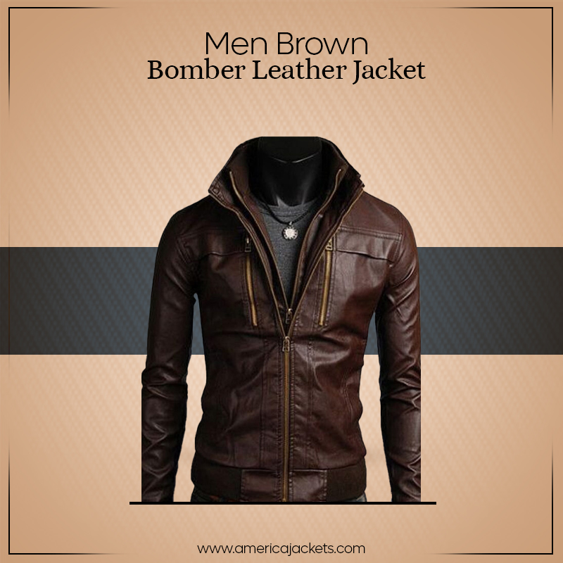 Men Brown Bomber Leather Jacket