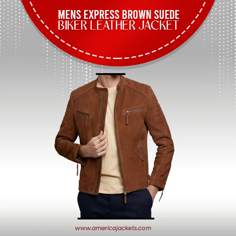 Mens Express Brown Suede Biker Leather Jacket