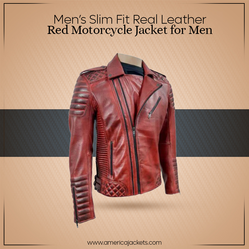 Men’s Slim Fit Real Leather Red Motorcycle Jacket for Men