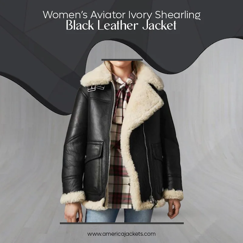 Women’s Aviator Ivory Shearling Black Leather Jacket