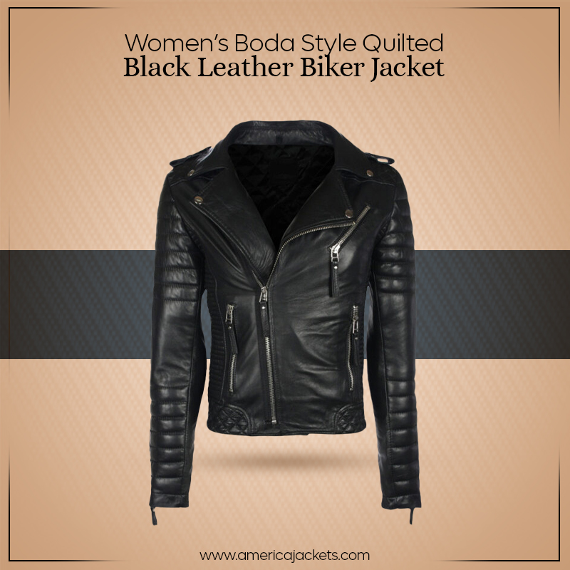 Women’s Boda Style Quilted Black Leather Biker Jacket