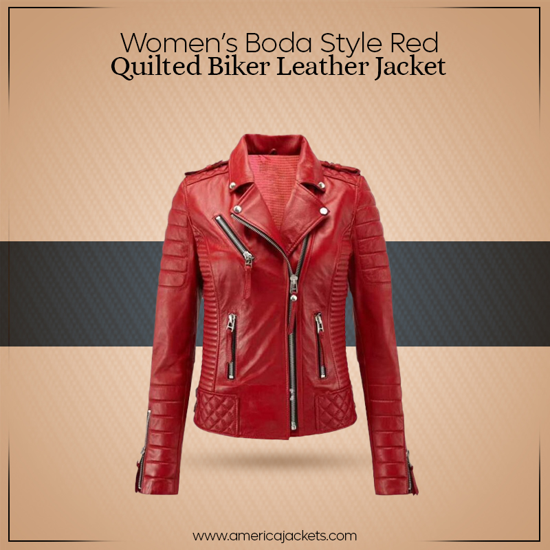 Women’s Boda Style Red Quilted Biker Leather Jacket