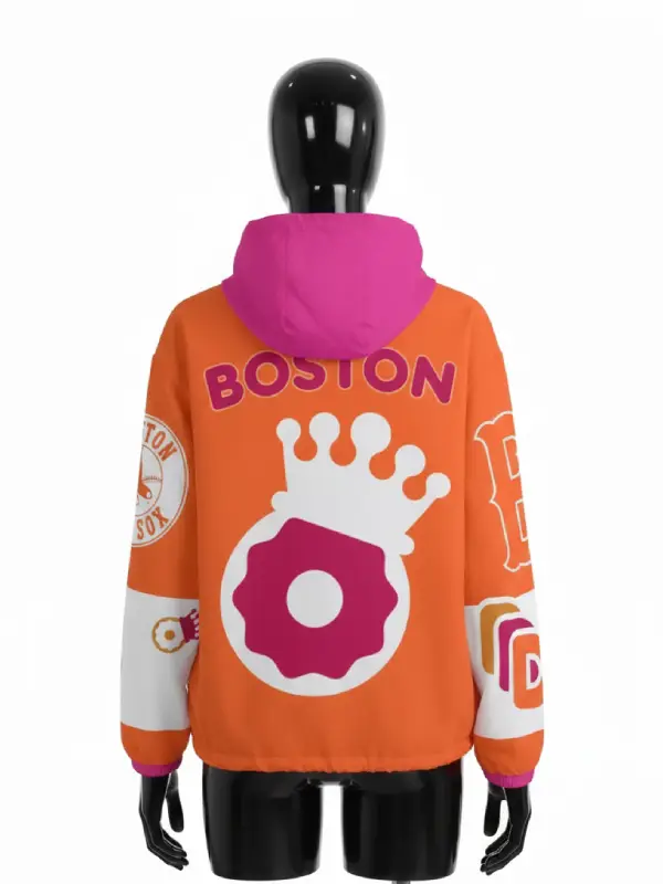 Back view of the orange and pink Dunkin track jacket on a mannequin, featuring the "BOSTON" text and a crowned doughnut logo.