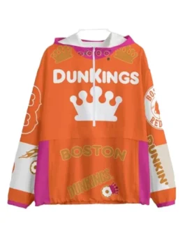 Front view of the Dunkings jacket for sale. Orange dunkings track jacket with a white crown, Dunkin Kings text, and Boston.