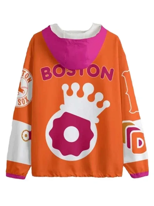 Back view of the orange Dunkings track hoodie with a pink hood, "BOSTON" text, and a large white crown/doughnut logo. Dunkin jacket for sale.