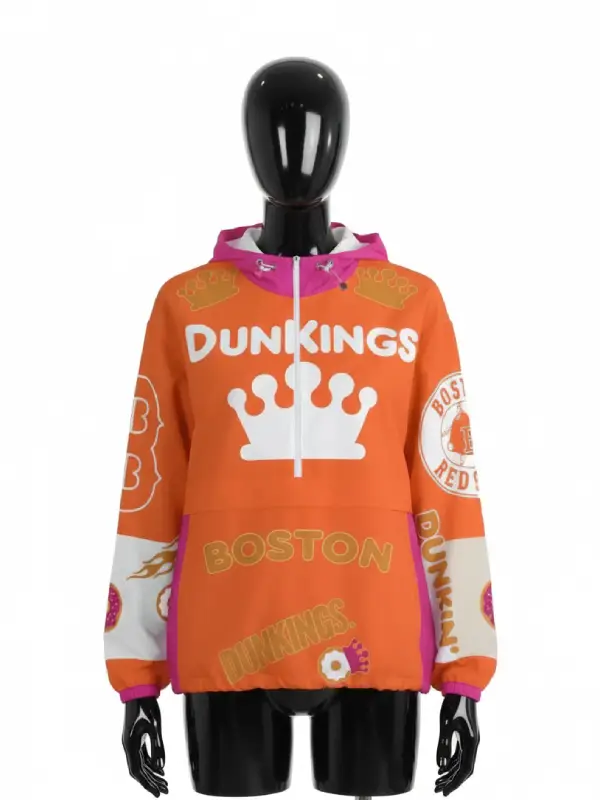 Front view of the Dunkings track jacket on a mannequin. Orange and pink Dunkin jacket with "Dunkings" crown logo and "BOSTON" text.