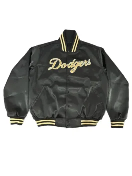 Front view of the black and gold LA Dodgers jacket with patches from America Jackets.